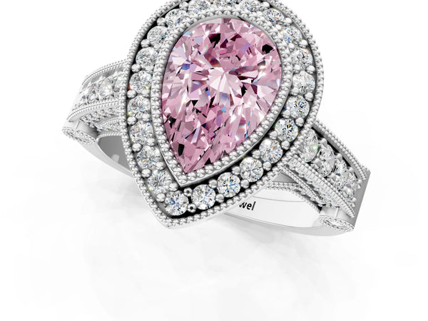 Platinum Pear-Shaped Vintage Bezel Halo Engagement Ring Setting for Fancy Pink Center