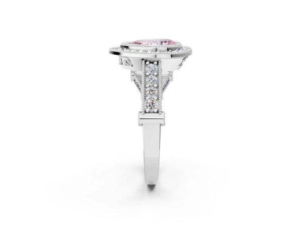 Platinum Pear-Shaped Vintage Bezel Halo Engagement Ring Setting for Fancy Pink Center