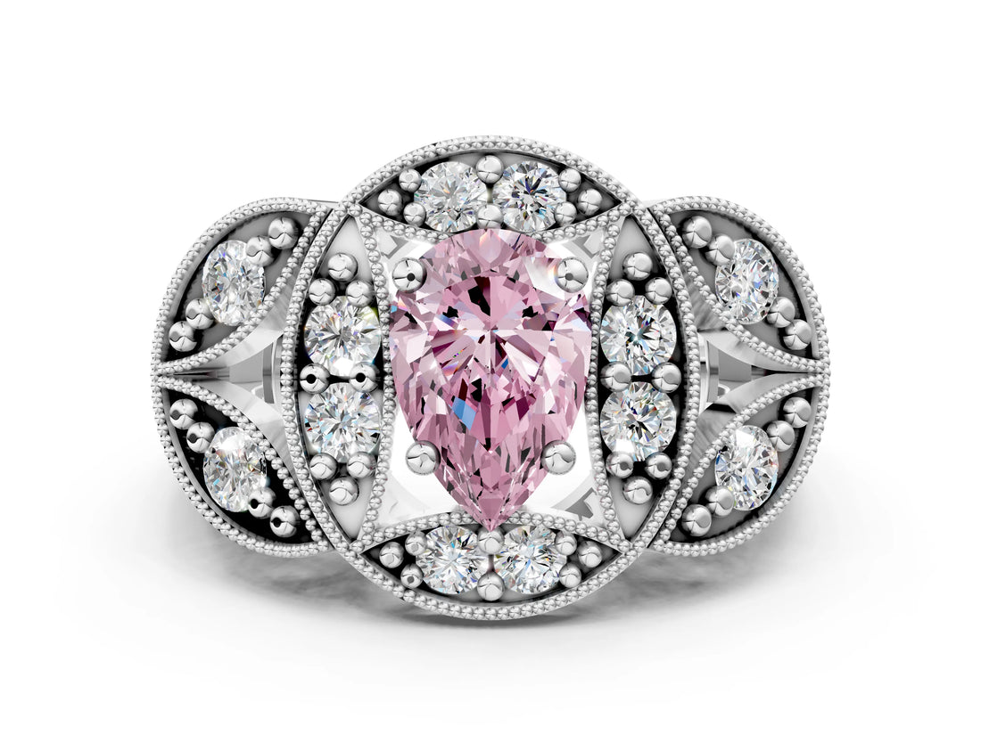 Platinum Fancy Pink Pear Cut Halo Milgrain Diamond Engagement Ring with Leaf Band and Four-Prong Setting_12