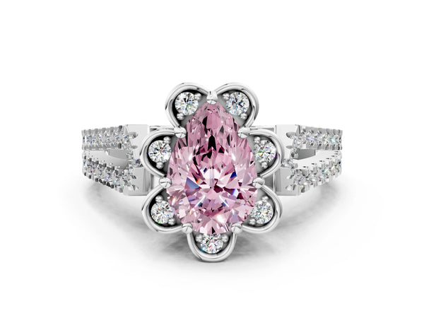Platinum Pear-Shaped Floral Halo Split Shank Engagement Ring Setting for Fancy Pink Center