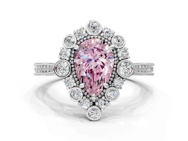 Platinum Pear-Shaped Scalloped Milgrain Halo Engagement Ring Setting for Fancy Pink Center