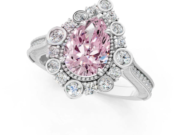 Platinum Pear-Shaped Scalloped Milgrain Halo Engagement Ring Setting for Fancy Pink Center