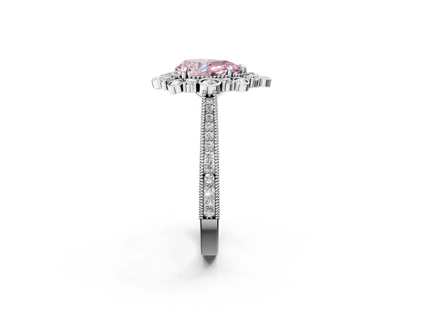 Platinum Pear-Shaped Scalloped Milgrain Halo Engagement Ring Setting for Fancy Pink Center