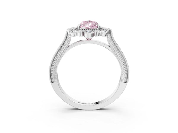 Platinum Pear-Shaped Scalloped Milgrain Halo Engagement Ring Setting for Fancy Pink Center