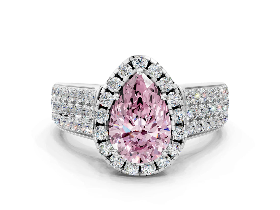Platinum Fancy Pink Pear  Halo Round Diamond Pave Band with Prong Setting 1