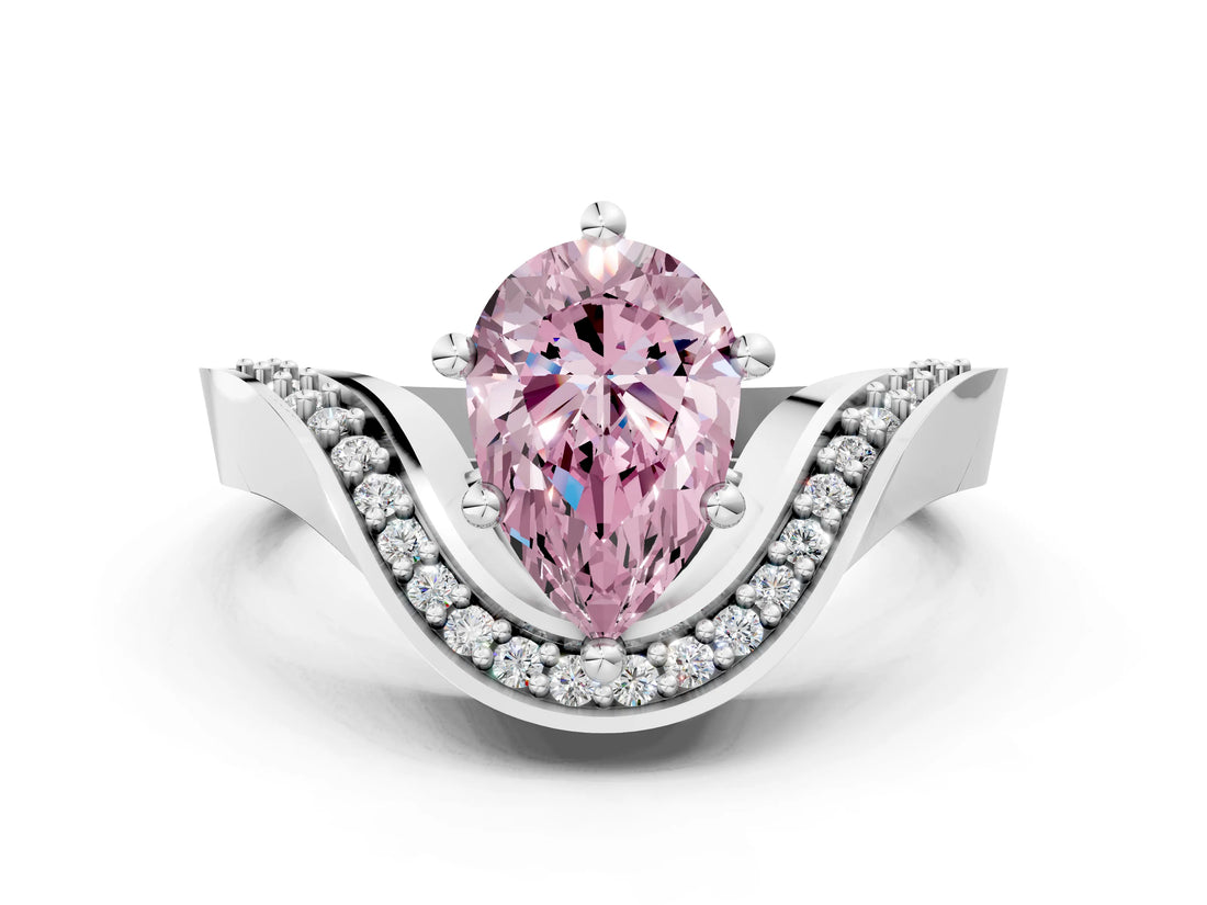 Platinum Fancy Pink Pear  Solitaire Diamond Engagement Ring with Pave Band and Four-Prong Setting