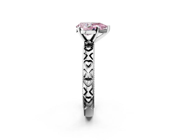 Platinum Fancy Pink Pear  Solitaire Diamond Engagement Ring with XO Engraved Band and Four-Prong Setting