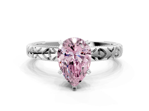 Platinum Fancy Pink Pear  Solitaire Diamond Engagement Ring with XO Engraved Band and Four-Prong Setting