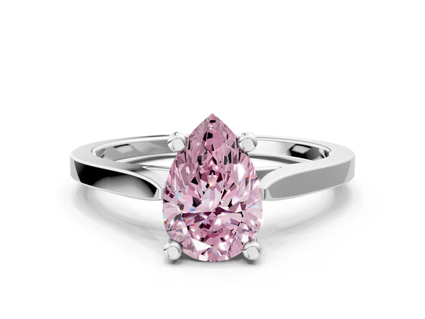 Platinum Fancy Pink Pear  Solitaire Diamond Ring with Four-Prong Setting and Tapered Band