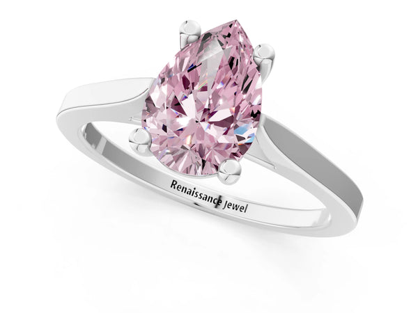 Platinum Fancy Pink Pear  Solitaire Diamond Ring with Four-Prong Setting and Tapered Band