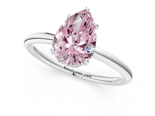 Platinum Fancy Pink Pear  Solitaire Diamond Ring with a Classic Band and Four-Prong Setting