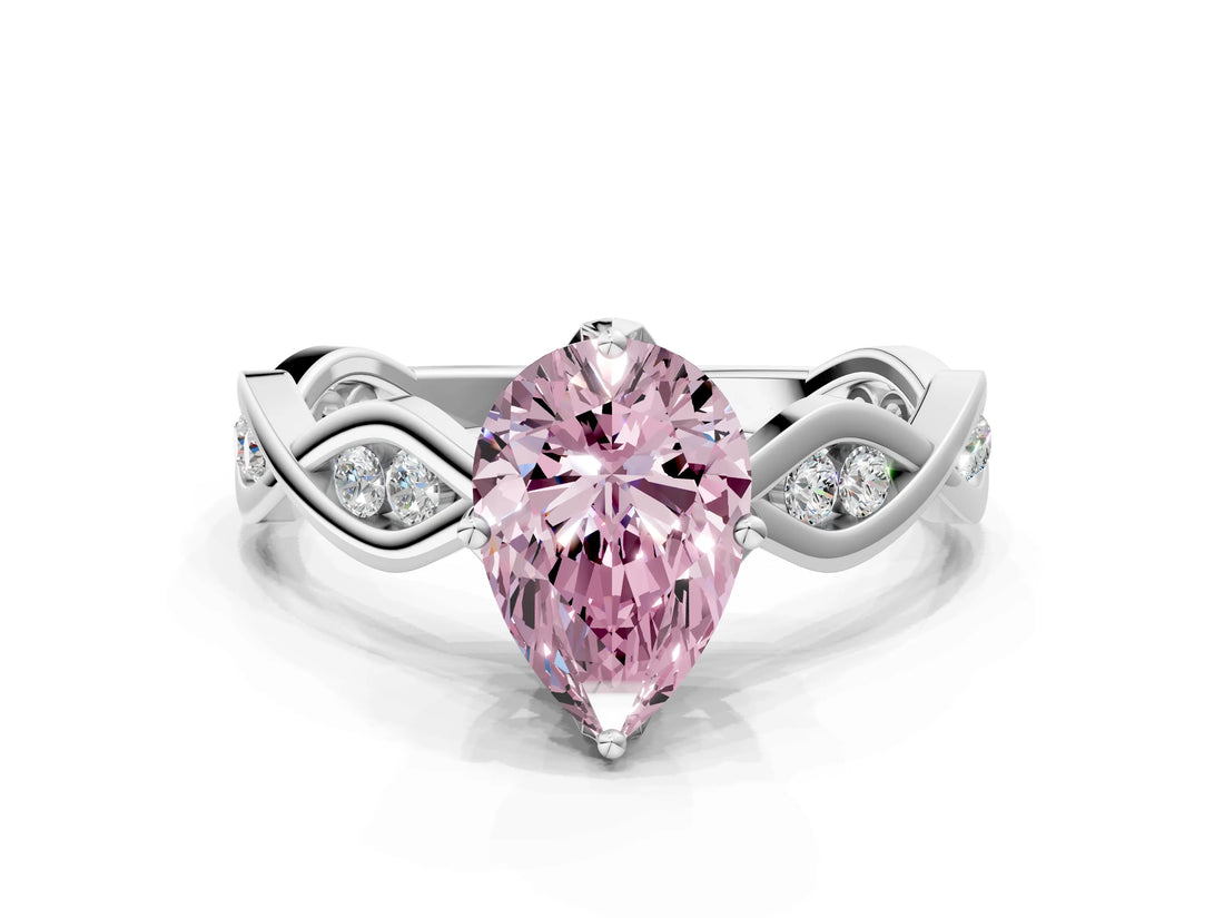 Platinum Fancy Pink Pear  Solitaire Twist Band with Leaf Prong Setting 1