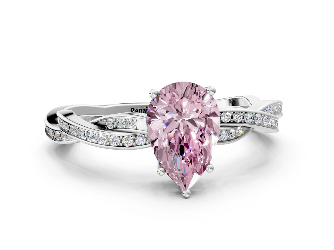 Platinum Fancy Pink Pear  Solitaire Twisted Pave Diamond Ring with Four-Prong Setting