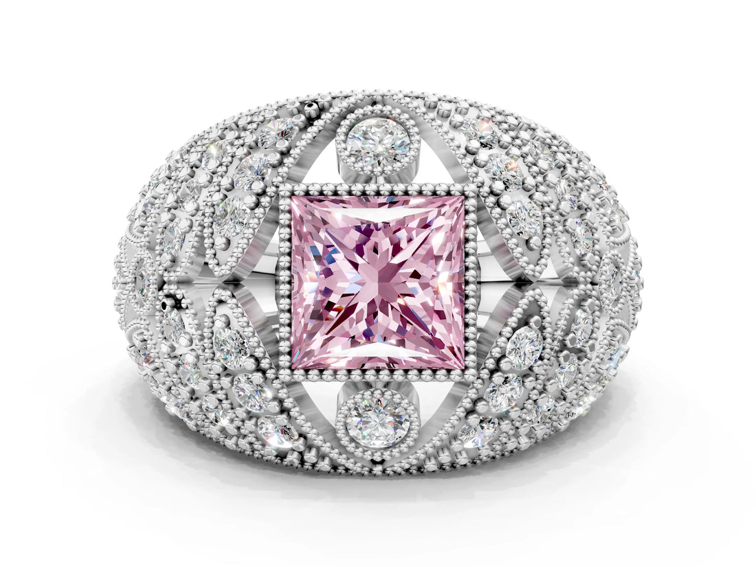 Platinum Fancy Pink Princess Cut Brilliant Halo Pave Diamond Milgrain Ring_12
