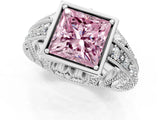 Platinum Fancy Pink Princess Cut Brilliant Milgrain Filigree Diamond Ring with Square Prong Setting_7