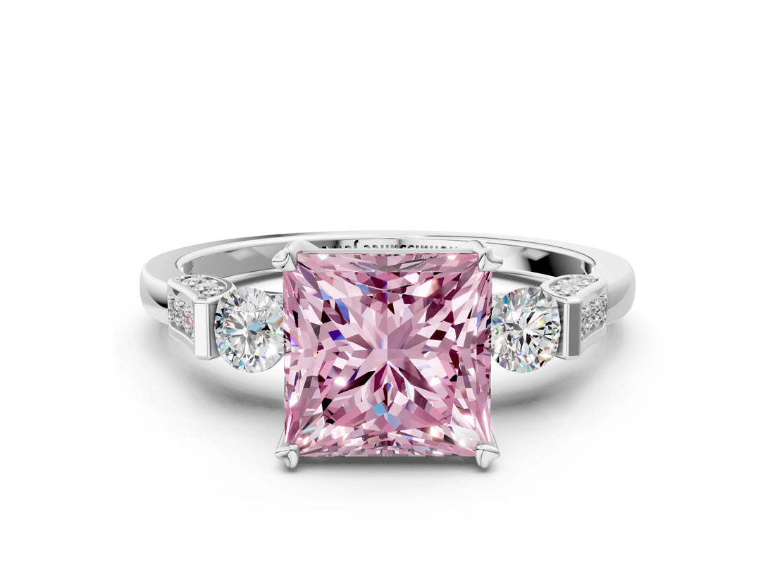 Platinum Fancy Pink Princess Cut Brilliant Three-Stone Pave Band with Four-Prong Setting_6