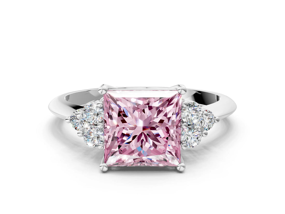 Platinum Fancy Pink Princess Cut Cut Diamond Cluster Ring with Solitaire Band and Four-Prong Setting_25