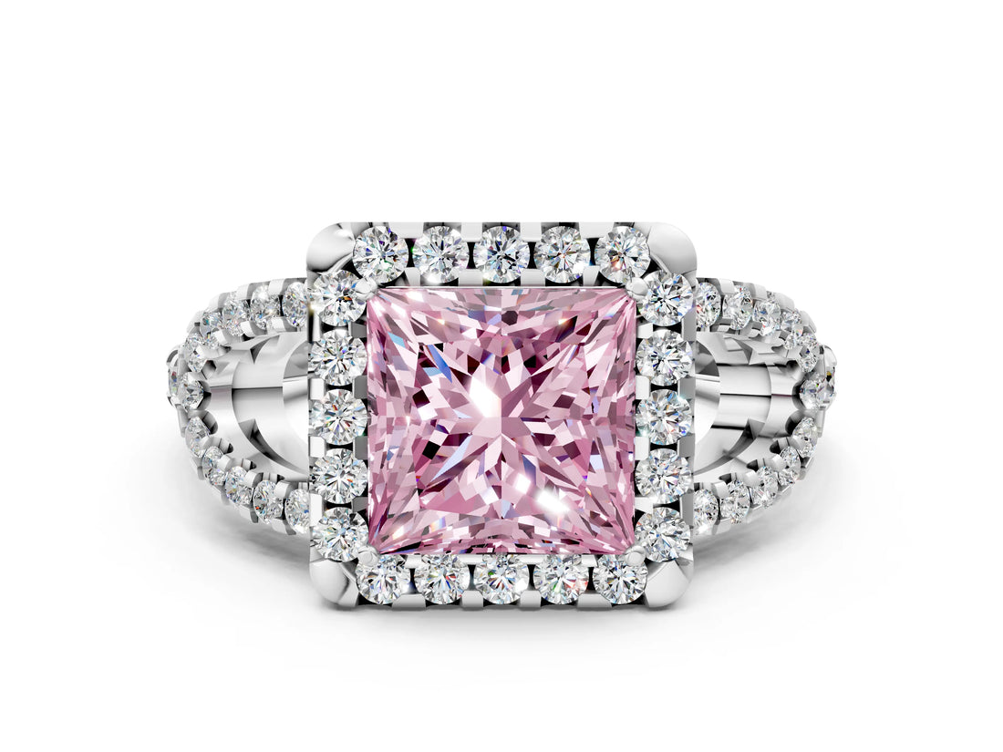 Platinum Fancy Pink Princess Cut Cut Diamond Halo Engagement Ring with Open Split Pavé Band_6