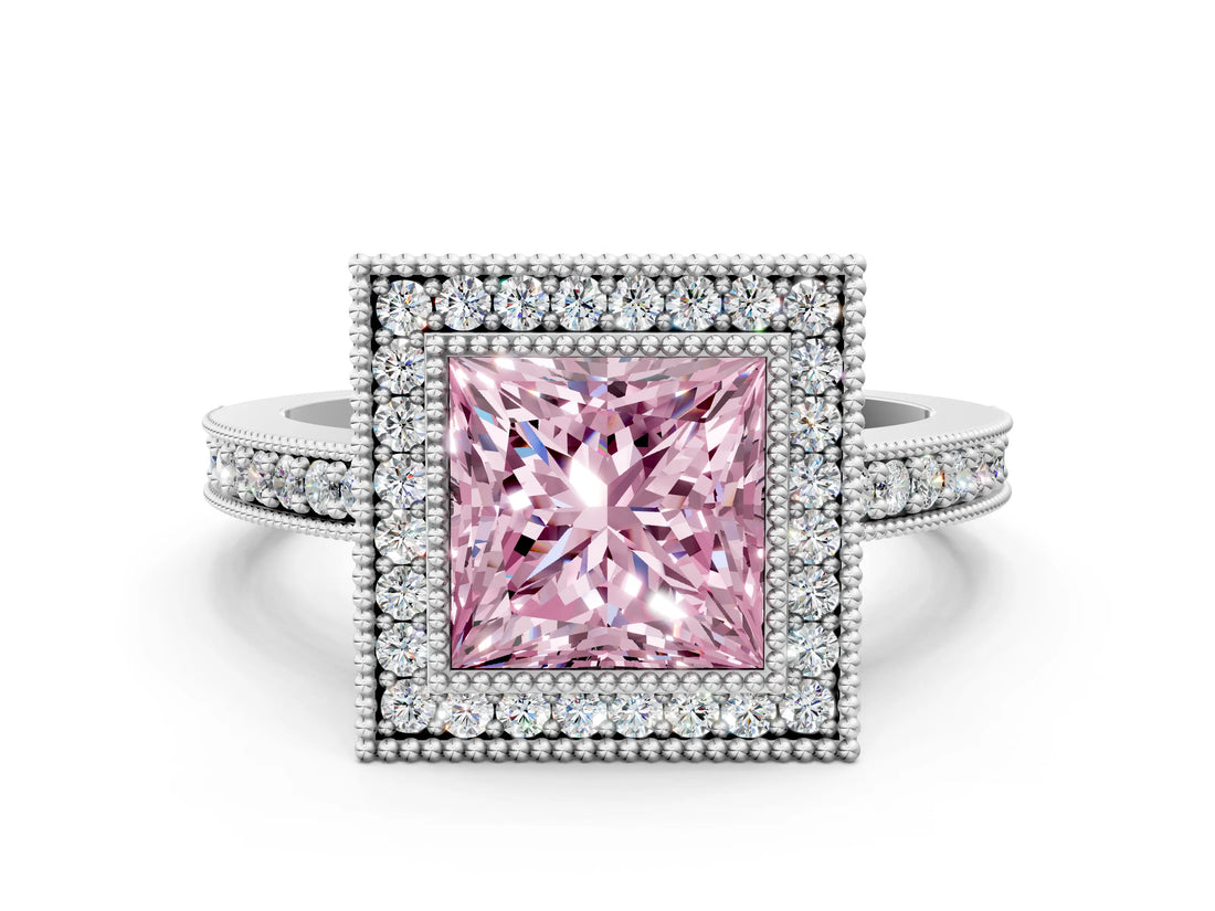 Platinum Fancy Pink Princess Cut-Cut Diamond Halo Engagement Ring with Pave Band and Prong Setting_12