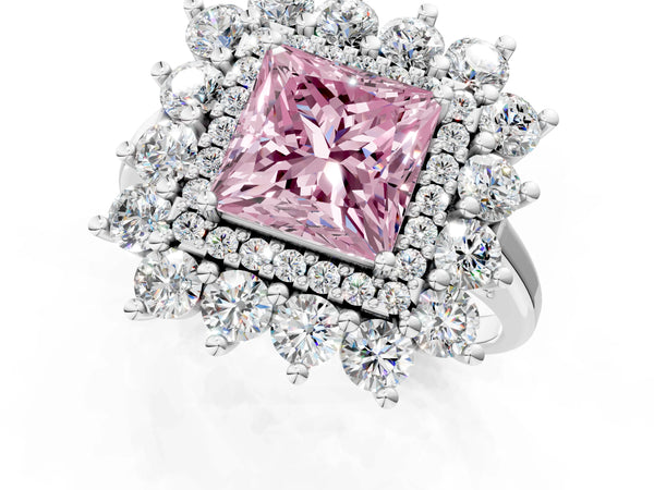 Platinum Princess Cut Floral Double Halo Engagement Ring Setting for Fancy Pink Center