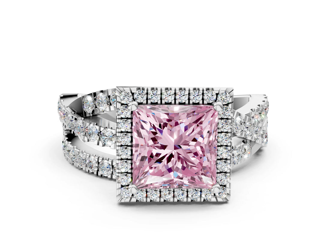 Platinum Fancy Pink Princess Cut Diamond Halo Ring with Round Split Shank and Prong Setting_12