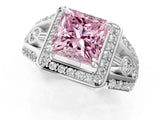 Platinum Fancy Pink Princess Cut Diamond Halo Ring with Split Shank and Bezel Accents and Four-Prong Setting_7