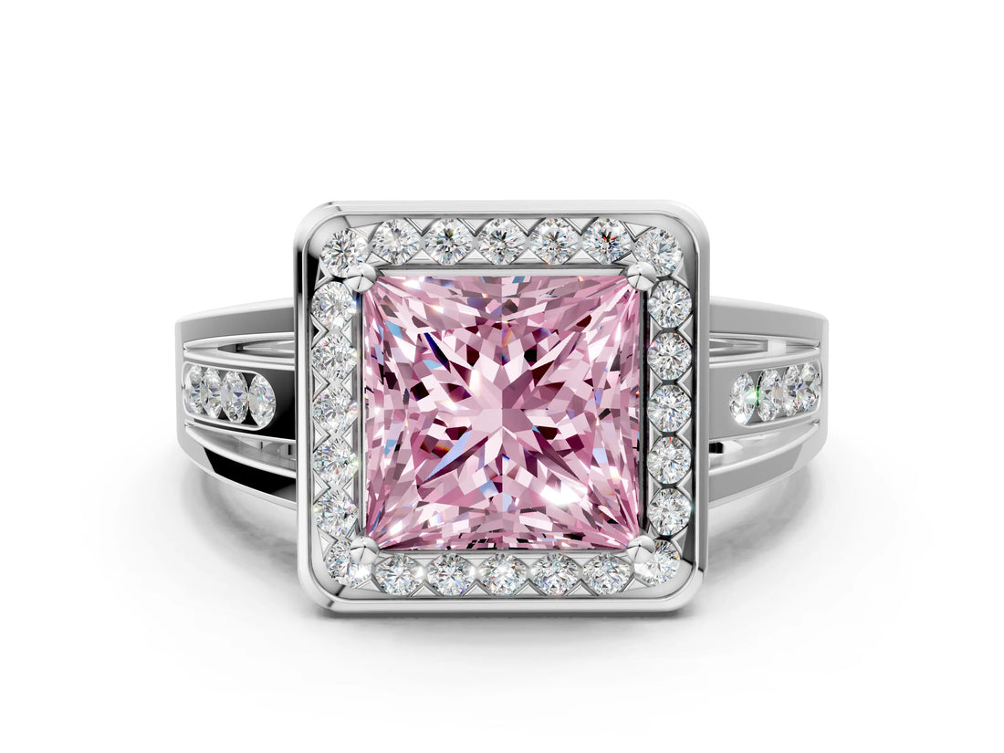 Platinum Fancy Pink Princess Cut Diamond Halo Ring with Split Shank and Bezel Accents and Prong Setting_12