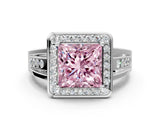 Platinum Fancy Pink Princess Cut Diamond Halo Ring with Split Shank and Bezel Accents and Prong Setting_12