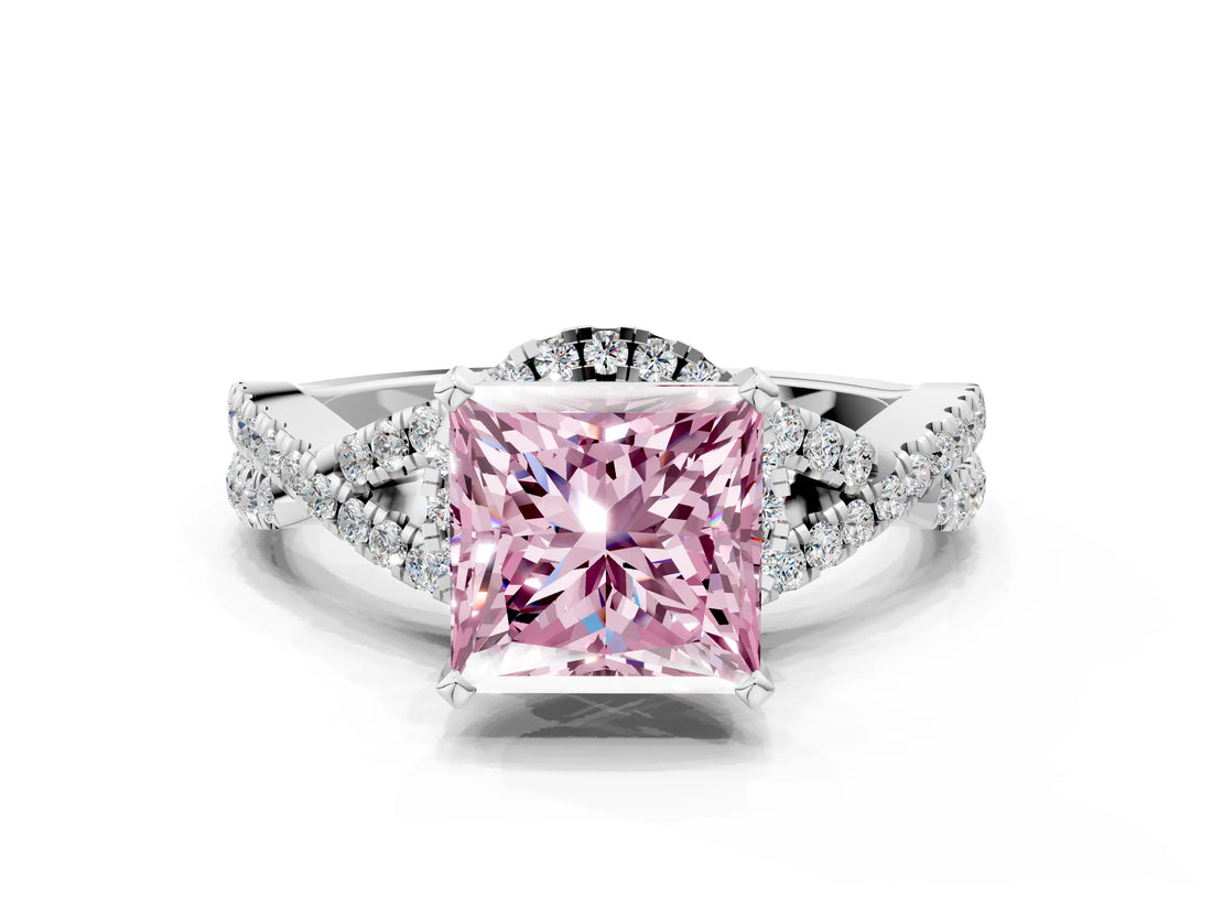 Platinum Fancy Pink Princess Cut Diamond  Halo Twist Band Solitaire Prong Setting Ring_12