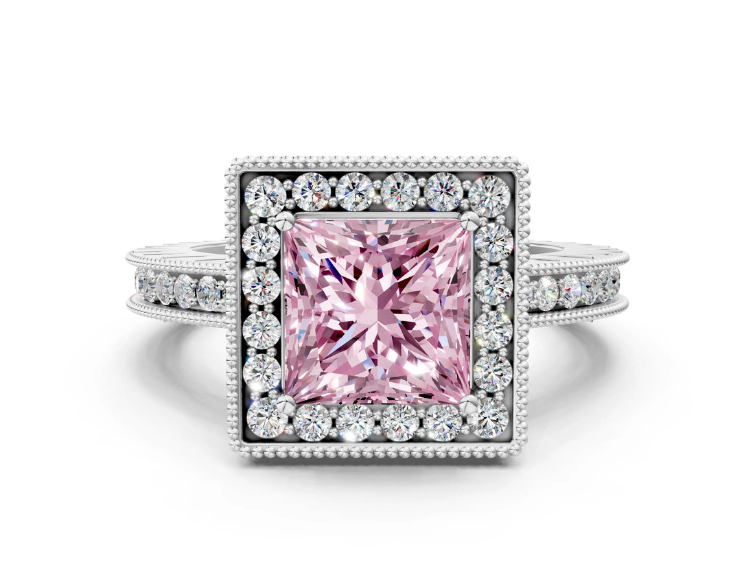 Platinum Fancy Pink Princess Cut Diamond Milgrain Halo Engagement Ring with Round Pavé Band and Prong Setting_12