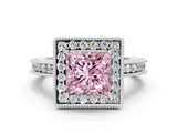 Platinum Fancy Pink Princess Cut Diamond Milgrain Halo Engagement Ring with Round Pavé Band and Prong Setting_12