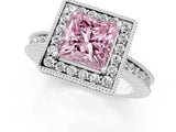 Platinum Fancy Pink Princess Cut Diamond Milgrain Halo Engagement Ring with Round Pavé Band and Prong Setting_13