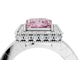Platinum Fancy Pink Princess Cut Diamond Milgrain Halo Engagement Ring with Round Pavé Band and Prong Setting_16