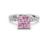 Platinum Fancy Pink Princess Cut Diamond Pavé Solitaire Ring with Round Band and Prong Setting