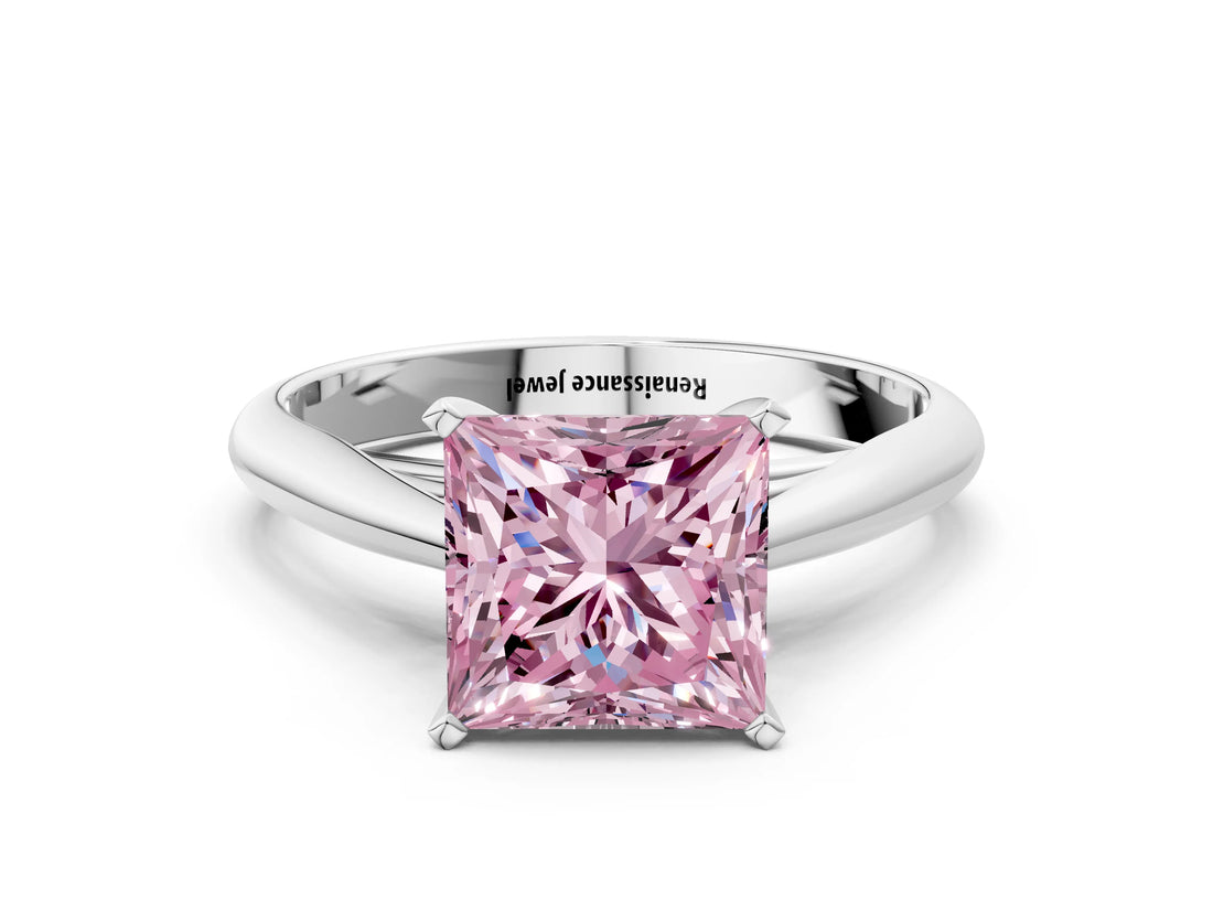 Platinum Fancy Pink Princess Cut Diamond Solitaire Engagement Ring with Cathedral Setting and Four-Prong Mount