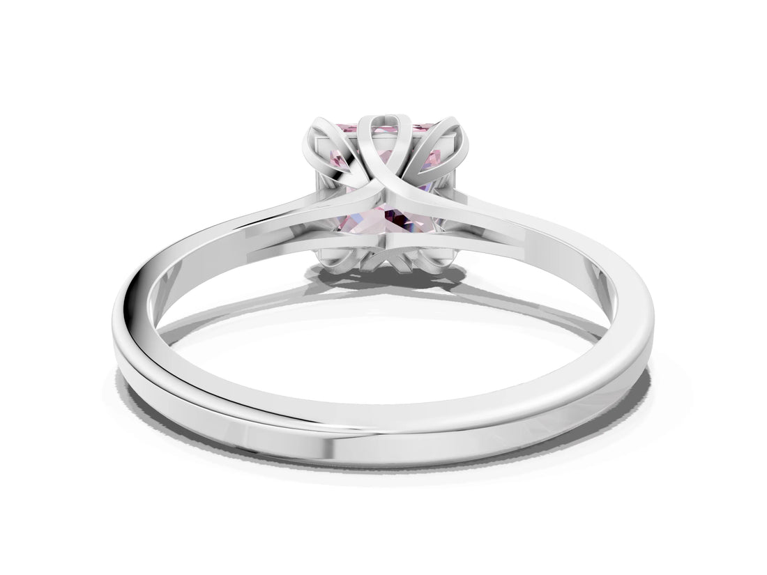 Platinum Fancy Pink Princess Cut Diamond Solitaire Ring with Flower Prong Setting and Classic Band