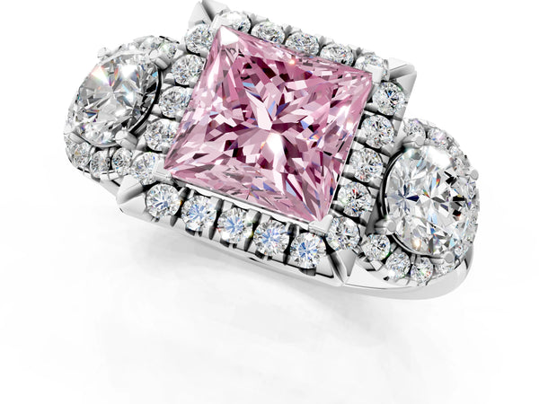 Platinum Princess Cut Three Stone Halo Engagement Ring Setting for Fancy Pink Center