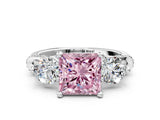 Platinum Fancy Pink Princess Cut Diamond Three-Stone Ring with Prong Setting and Pavé Band_6