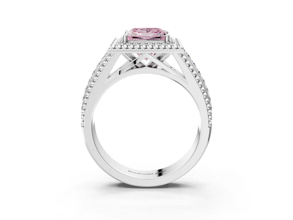 Platinum Princess Cut Beaded Halo Engagement Ring Setting for Fancy Pink Center with Pave