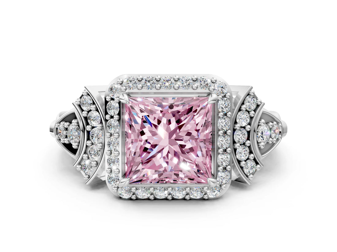 Platinum Fancy Pink Princess Cut Halo Diamond Split Shank Engagement Ring with Four-Prong Setting_6