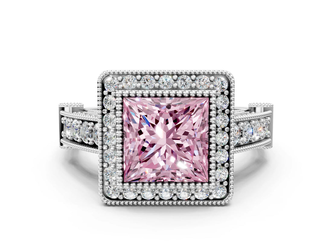 Platinum Fancy Pink Princess Cut Halo Diamond Split Shank Pave Ring_12