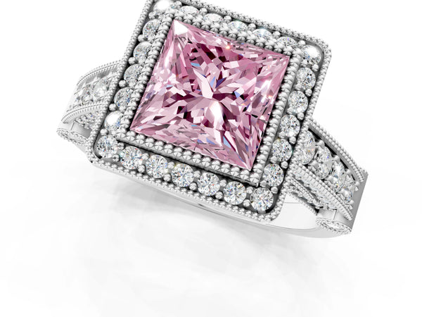 Platinum Princess Cut Vintage Bezel Halo Engagement Ring Setting for Fancy Pink Center