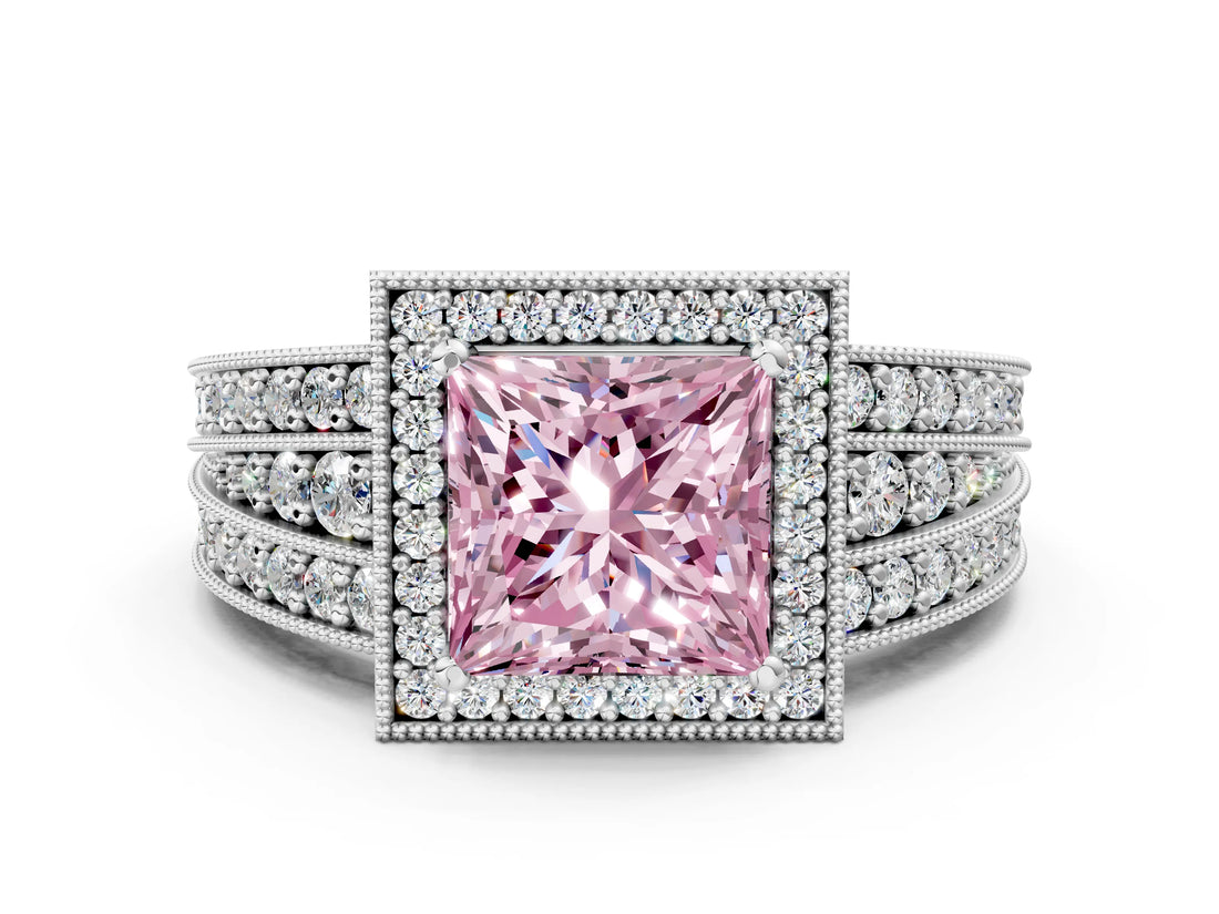 Platinum Fancy Pink Princess Cut Halo Diamond Split Shank Ring with Prong Setting_6