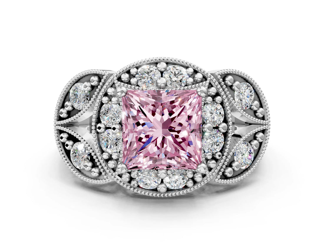 Platinum Fancy Pink Princess Cut Halo Milgrain Diamond Engagement Ring with Leaf Band and Four-Prong Setting_12