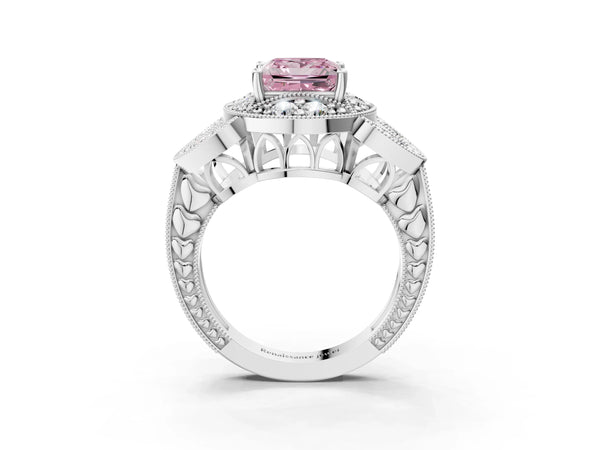 Platinum Fancy Pink Princess Cut Halo Milgrain Diamond Engagement Ring with Leaf Band and Four-Prong Setting
