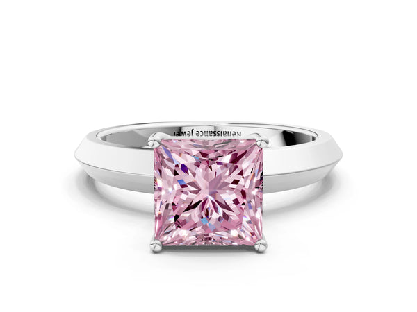 Platinum Fancy Pink Princess  Cut Solitaire Engagement Ring with Flat Band and Four-Prong Setting
