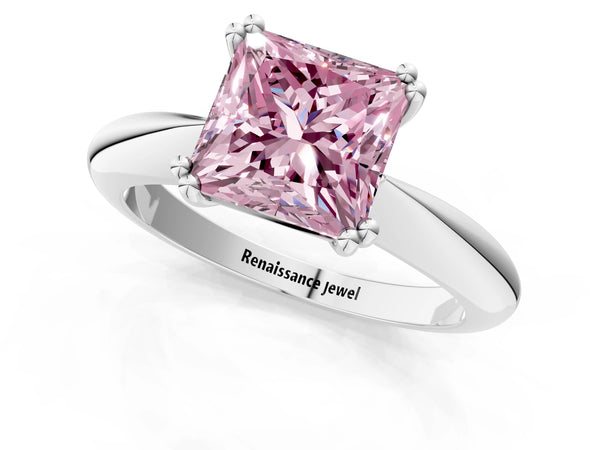 Platinum Fancy Pink Princess  Cut Solitaire Engagement Ring with Tapered Band and Four-Prong Setting