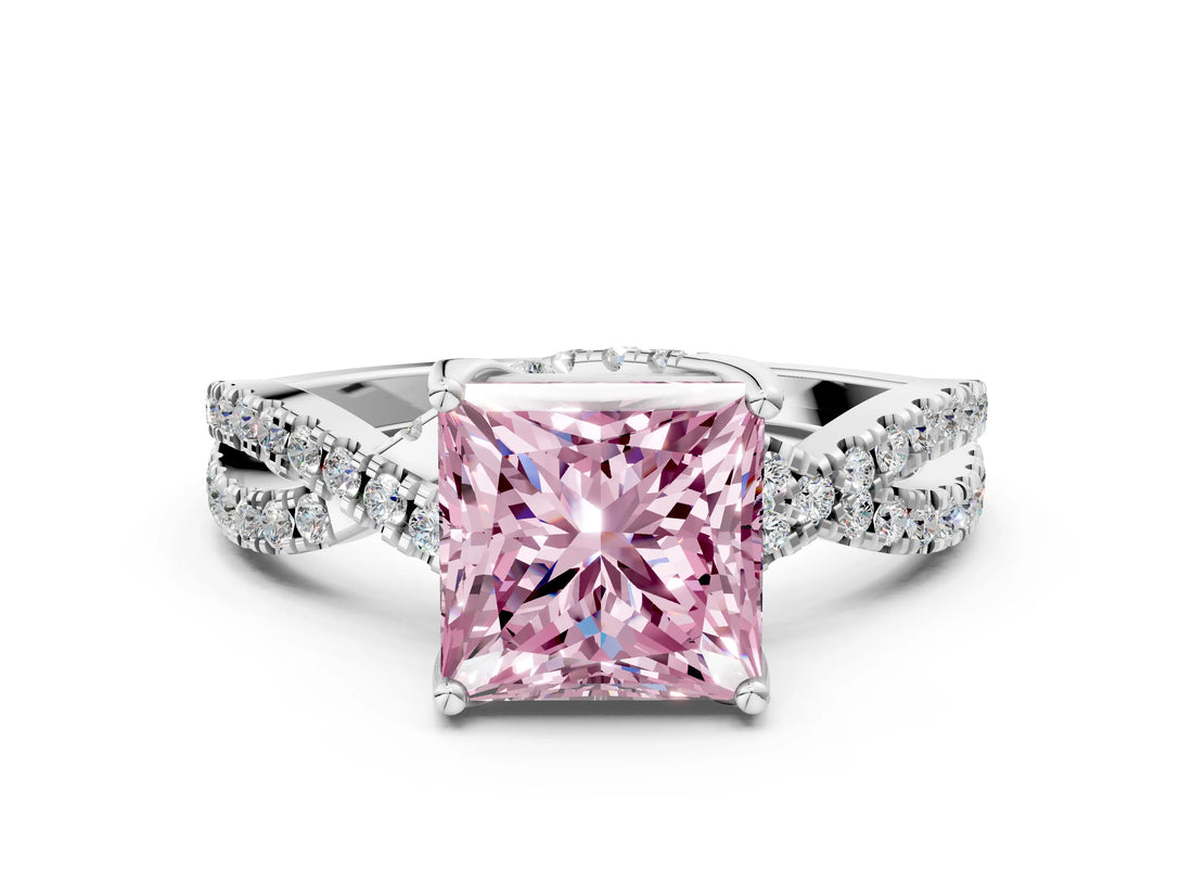Platinum Fancy Pink Princess Cut Solitaire Twist Pave Diamond Engagement Ring with Prong Setting_42