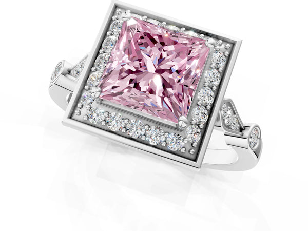 Platinum Fancy Pink Princess  Halo Diamond Engagement Ring with Twisted Band and Four-Prong Setting