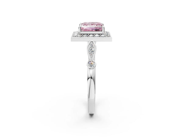 Platinum Fancy Pink Princess  Halo Diamond Engagement Ring with Twisted Band and Four-Prong Setting